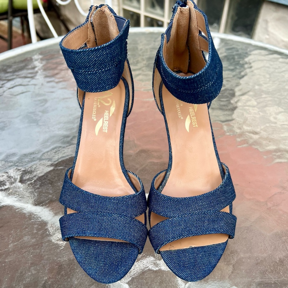 A2 Aerosoles Heelrest Denim Jean Strappy Heels y2k Britney 6 Comfort Sandals - Picture 9 of 9